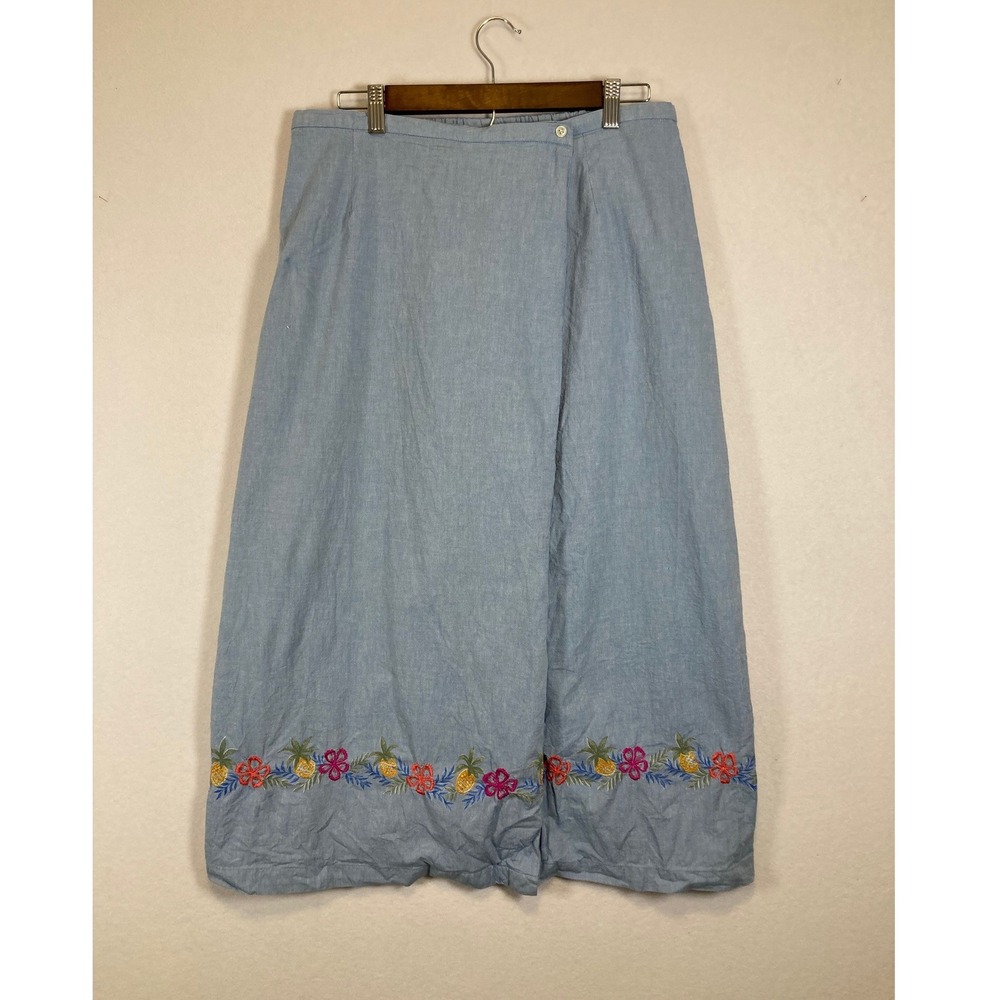 Vintage Bobbie Brooks Wrap Skirt Women L Chambray Cotton Embroidered Pineapple
